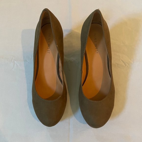 Nine West Wedge High Heel Square Heel Dress Shoes Olive Green Brown - Picture 1 of 3